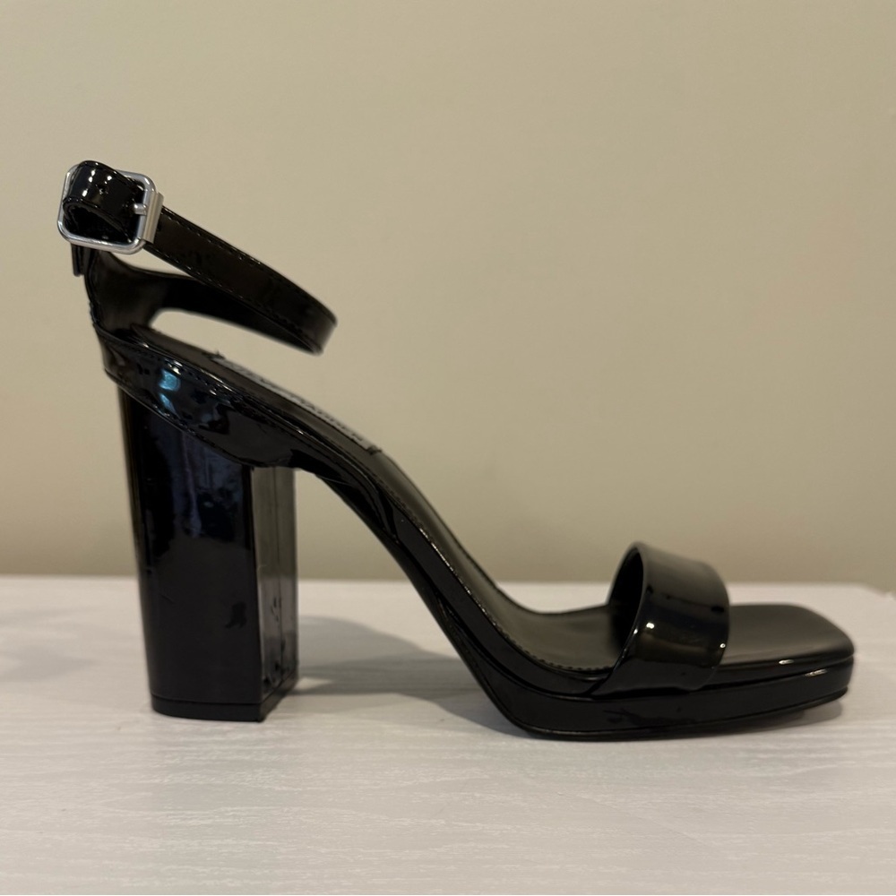 Black Patent Leather Block Heel Sandals